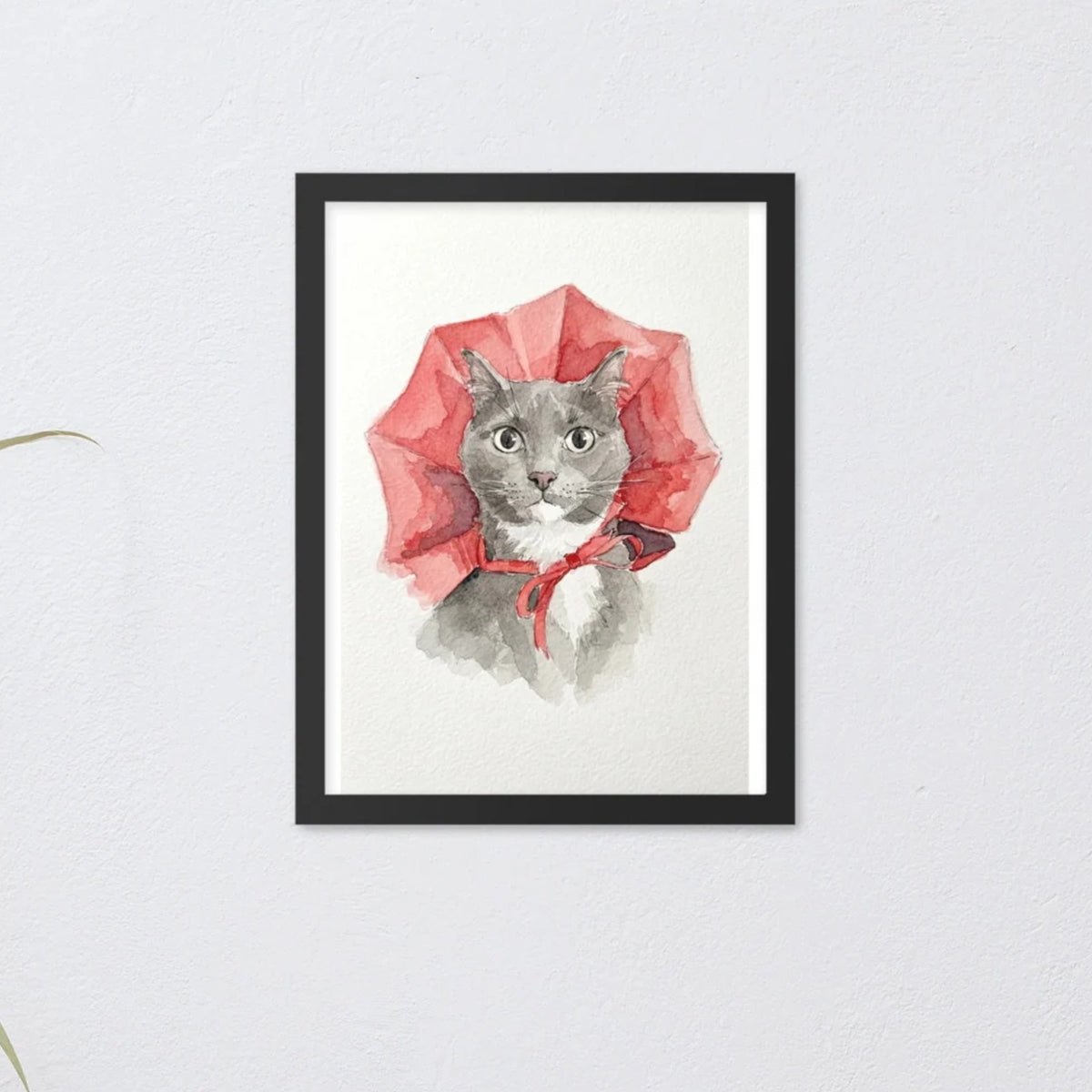 Custom watercolor pet portrait in a black frame, 12 x 16 in