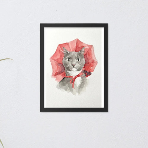 Custom watercolor pet portrait in a black frame, 12 x 16 in