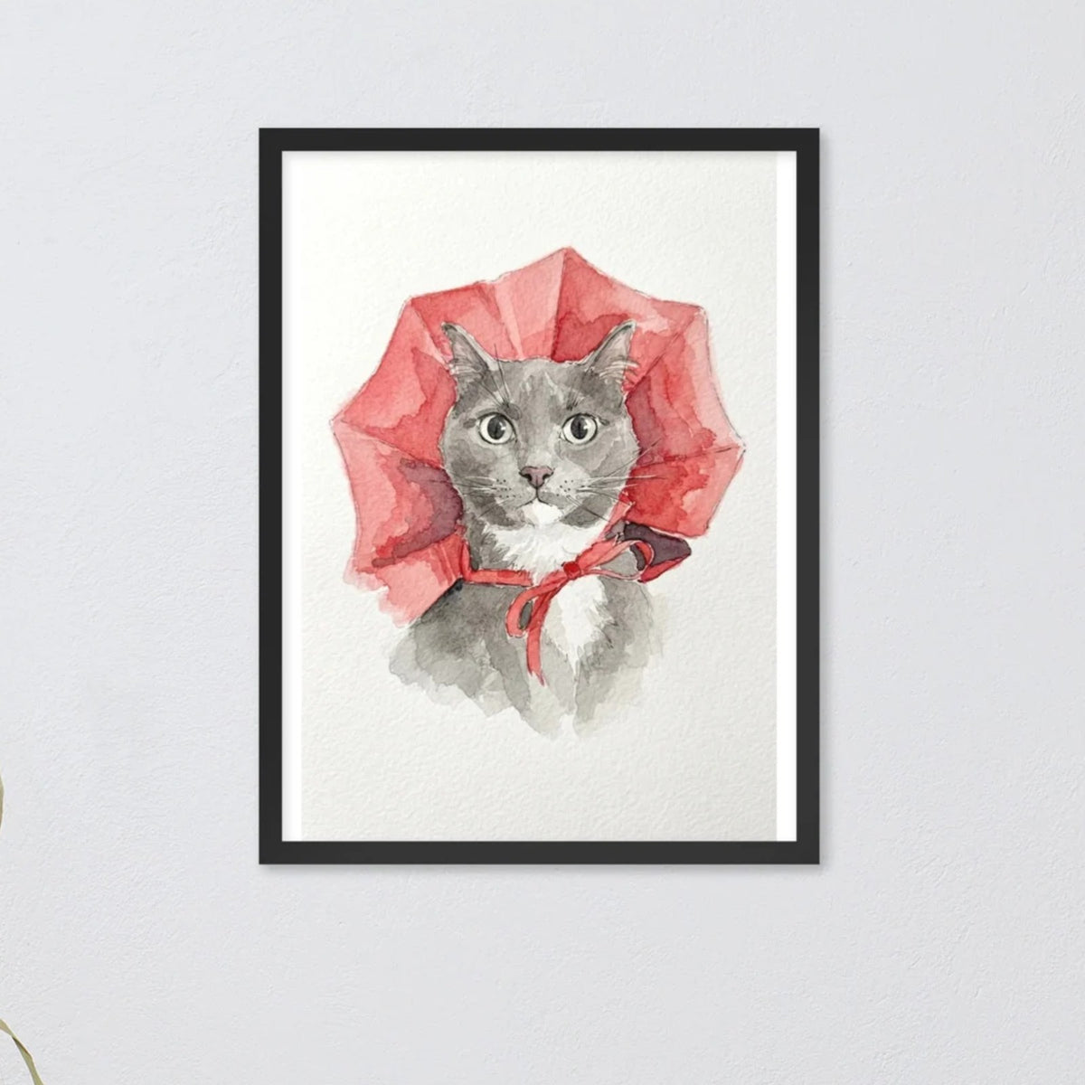 Custom watercolor pet portrait in a black frame, 18 x 24 in