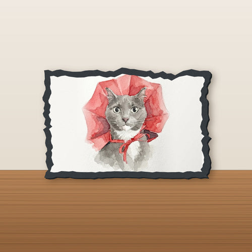Custom watercolor pet portrait printed on a wide slate memorial