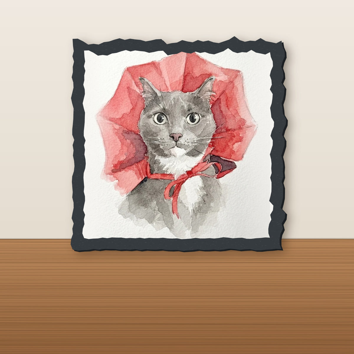 Custom watercolor pet portrait printed on a square slate memorial
