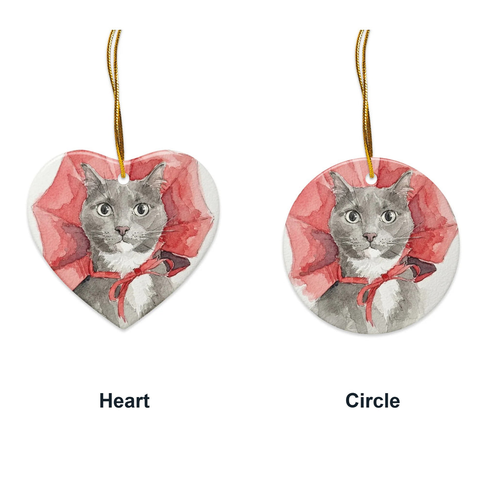 Custom pet portrait ornament in heart and circle shapes
